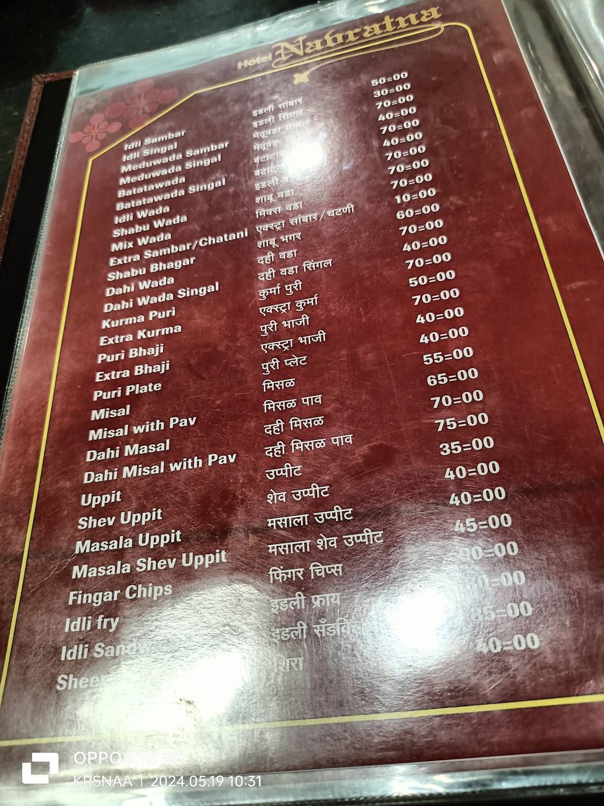 Hotel Navaratna - Pancharatna menu