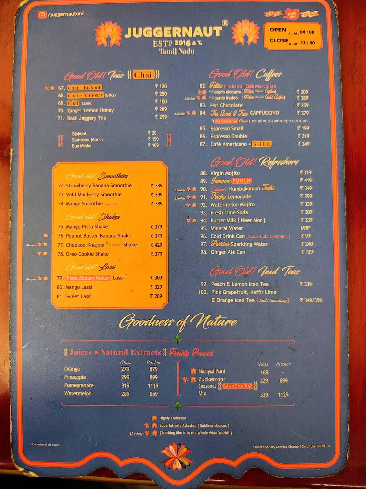 J U G G E R N A U T, Barakhamba Road menu