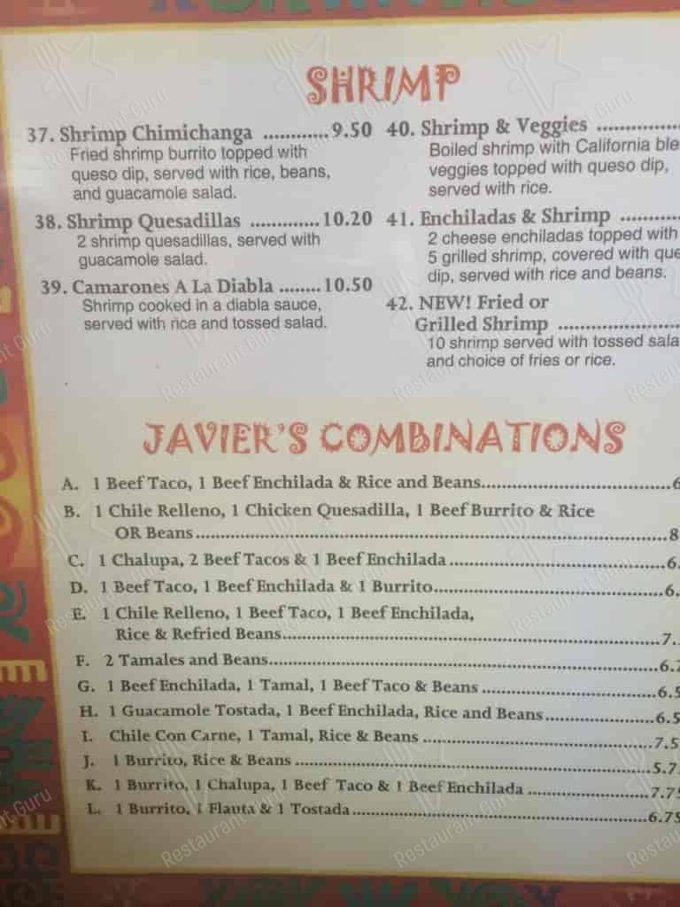 Menu at Javier's Mexican Grill restaurant, Chipley, Main St
