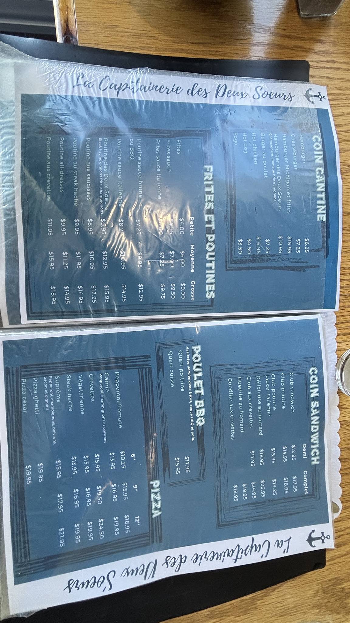 Menu de La Capitainerie des 2 sœurs