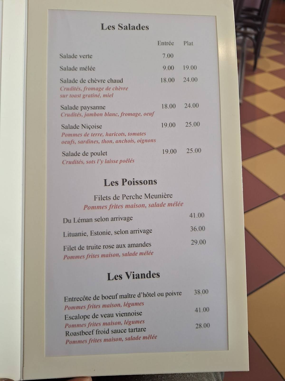 Menu di Restaurant La Croix Fédérale 