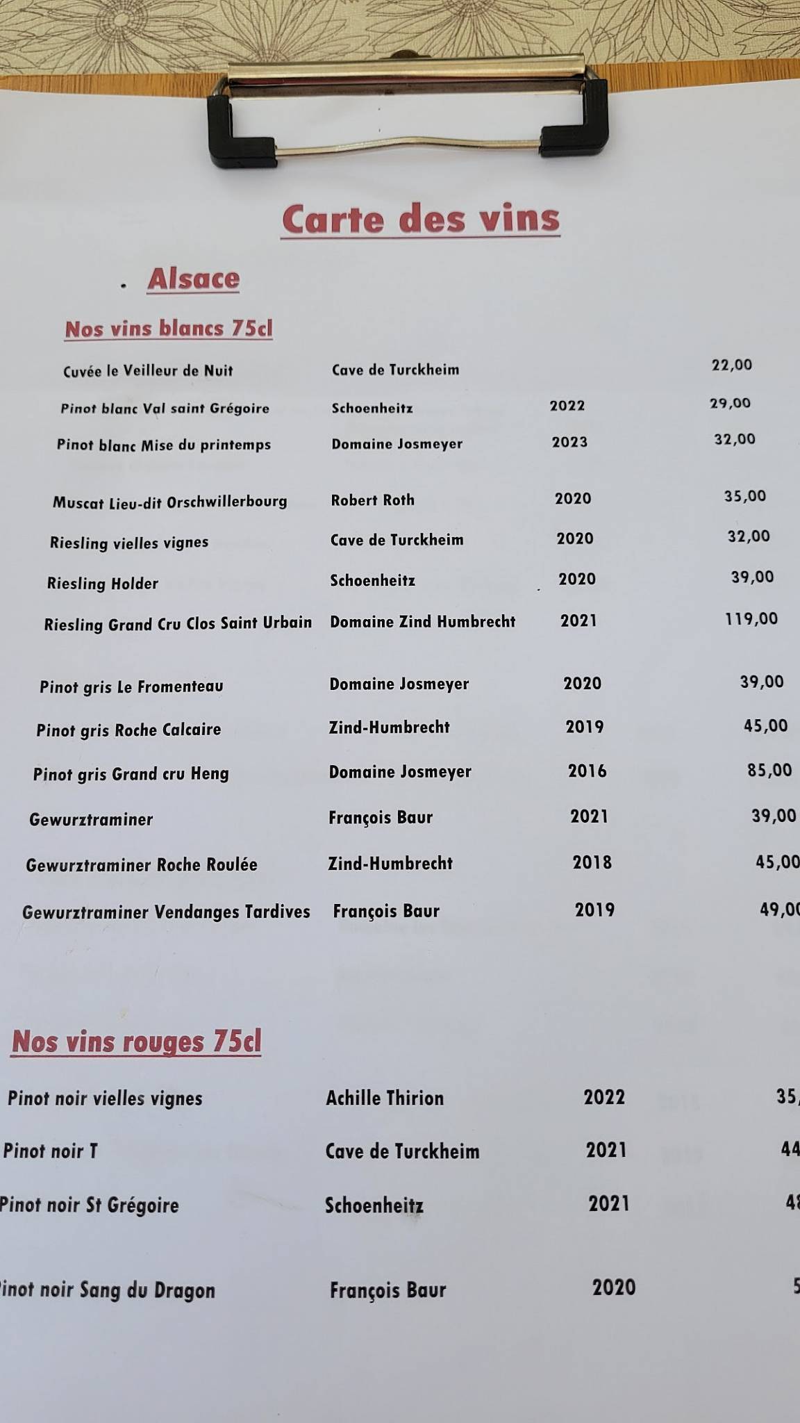 Menu de La Table du 12