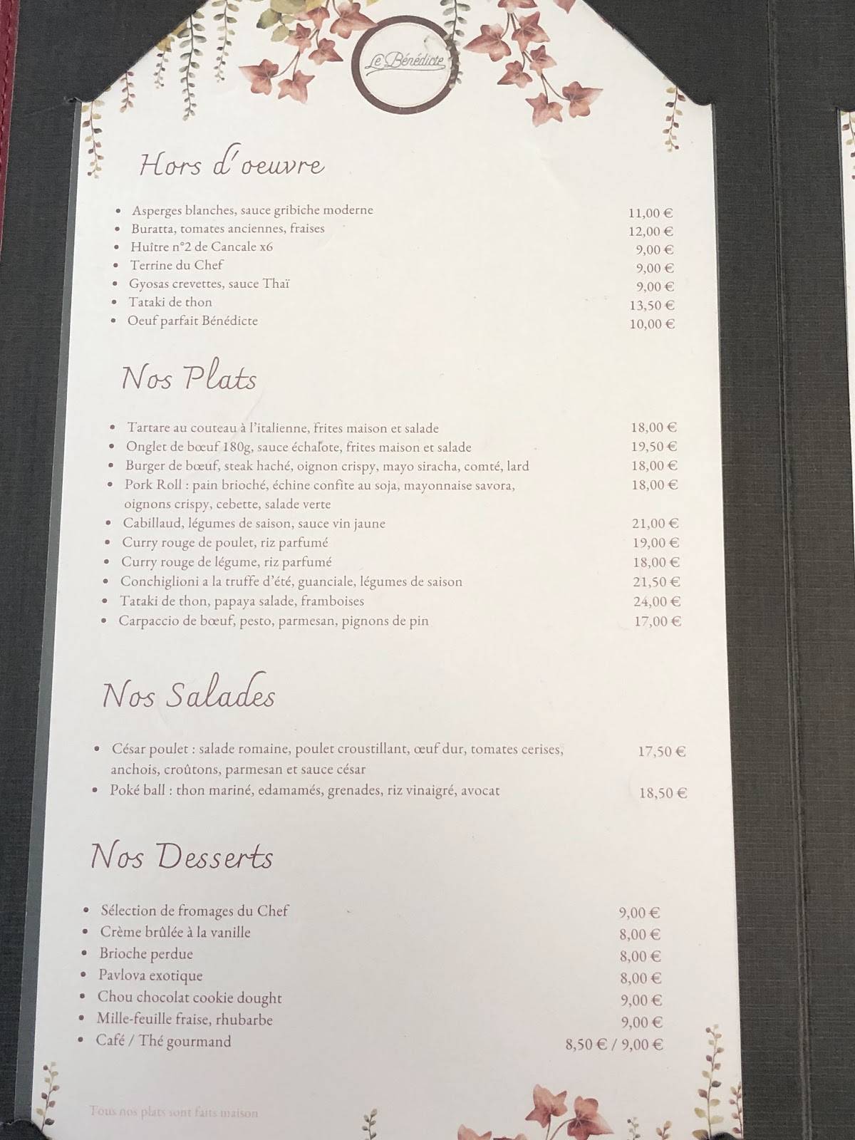 Menu de Le Bénédicte