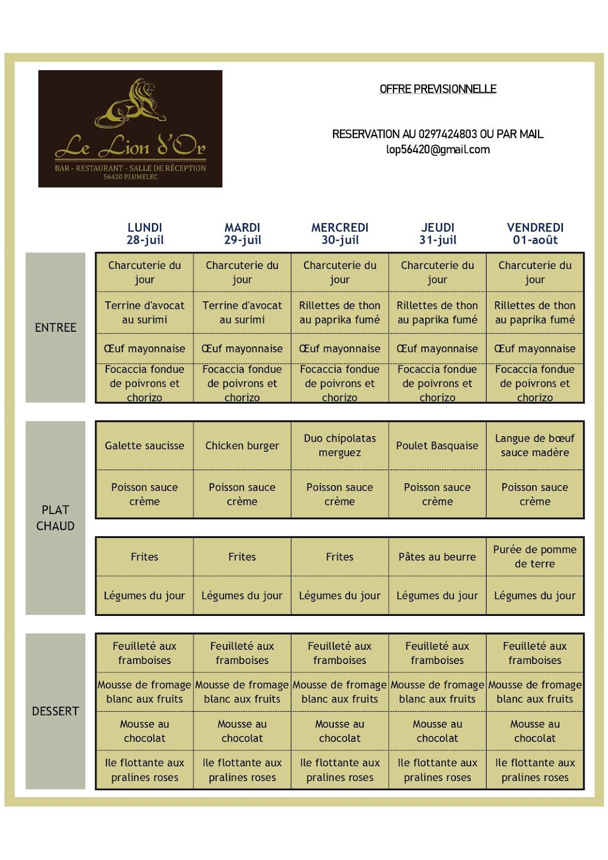Menu de Le Lion D'or Plumelec