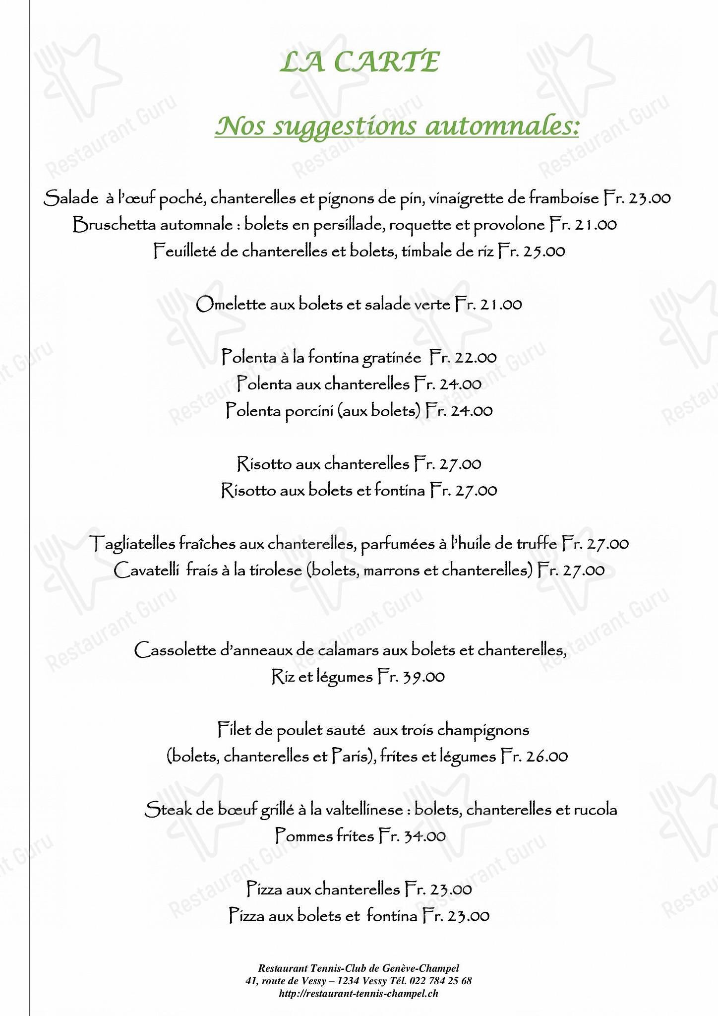 Dinner Menu per Restaurant Tennis Club de Champel in Veyrier