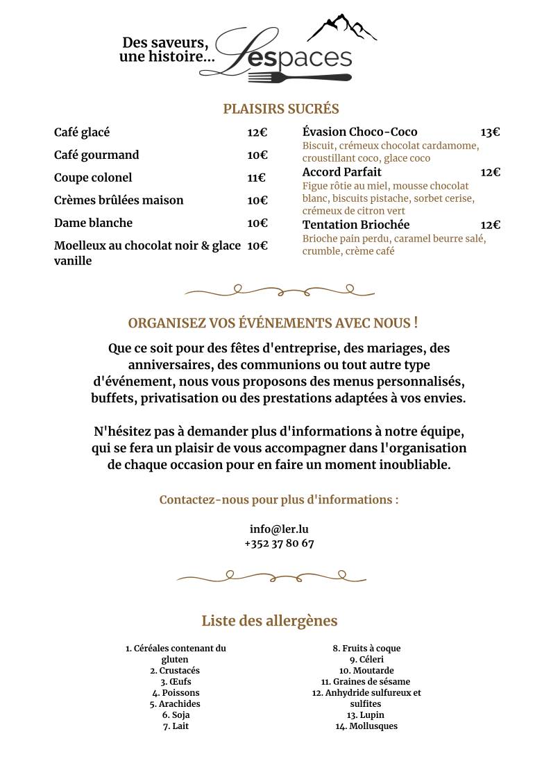 Menu de Restaurant Les Espaces
