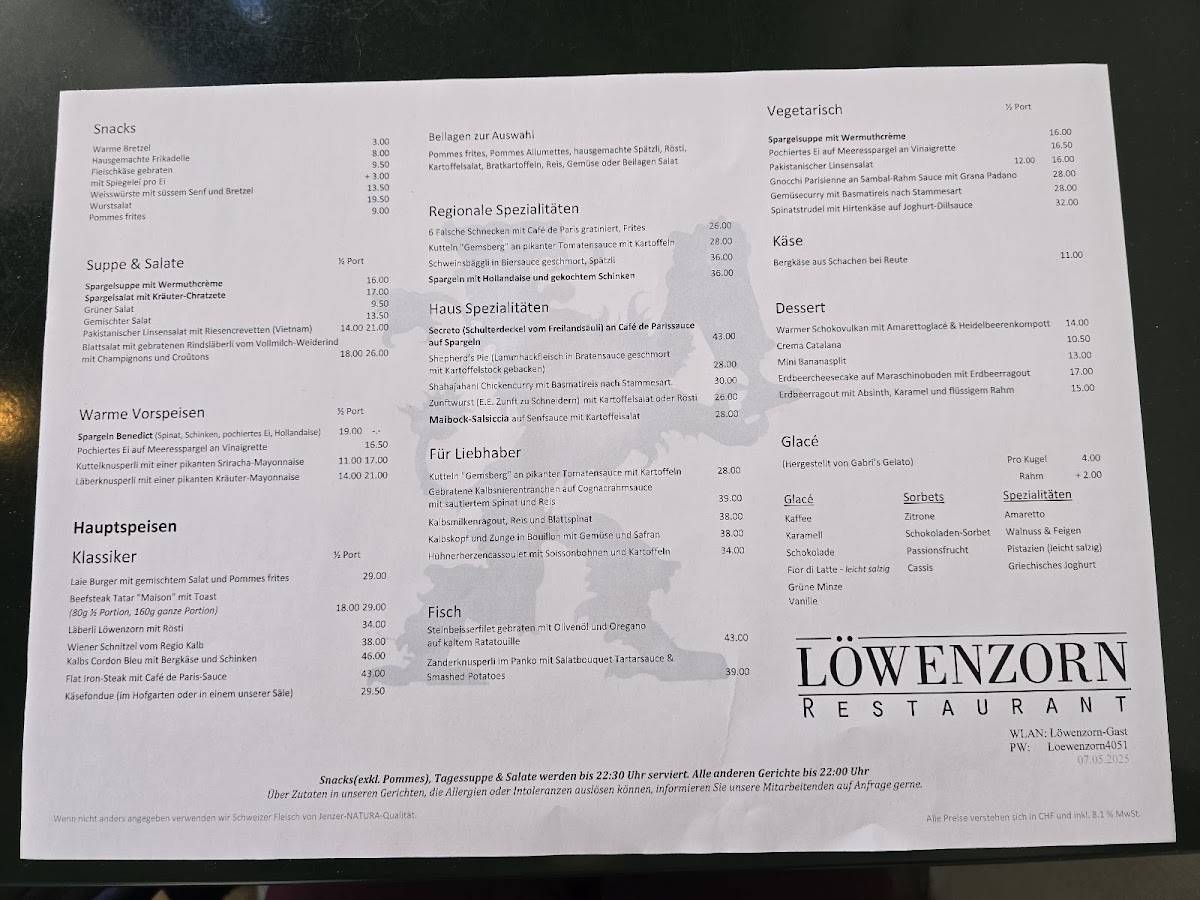 Menu di Restaurant Löwenzorn 