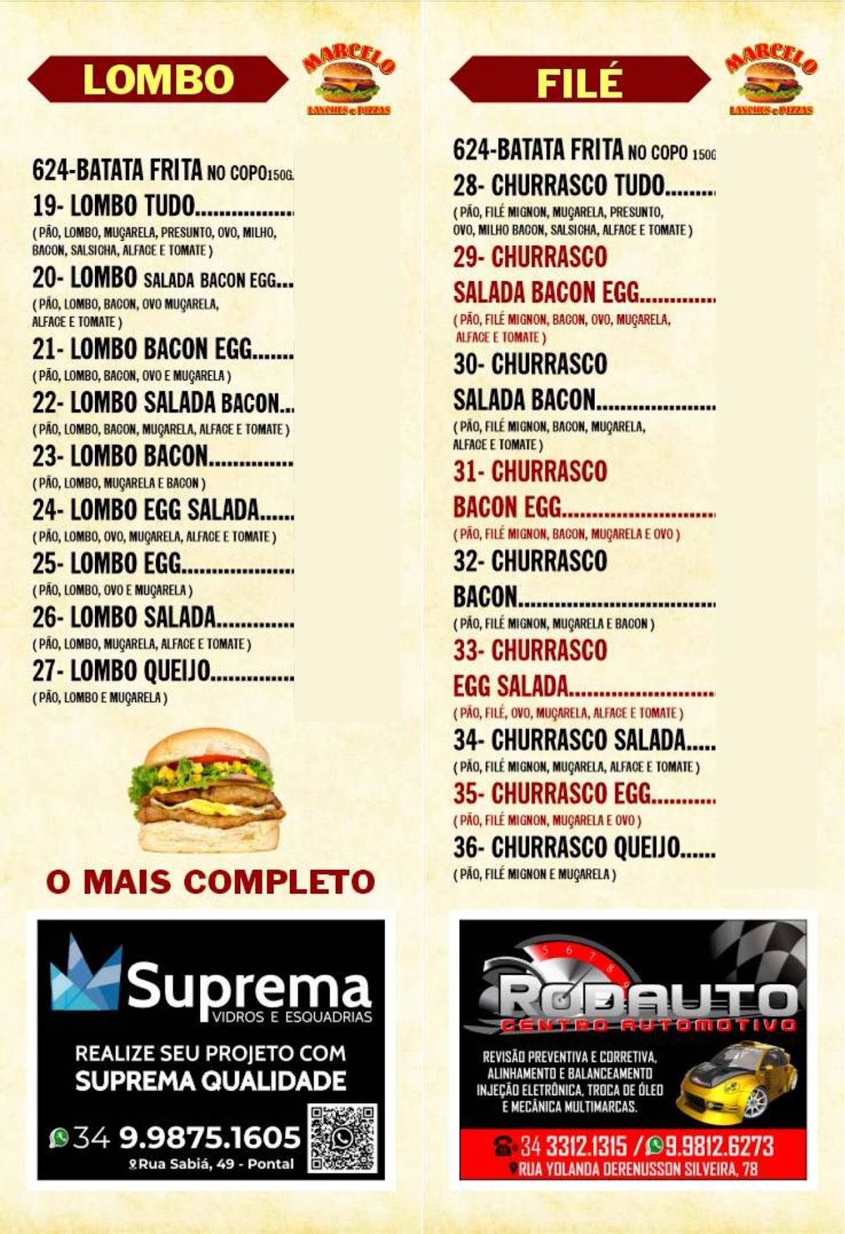 Marcelo Lanches Hamburgueria e Pizzaria cardápio