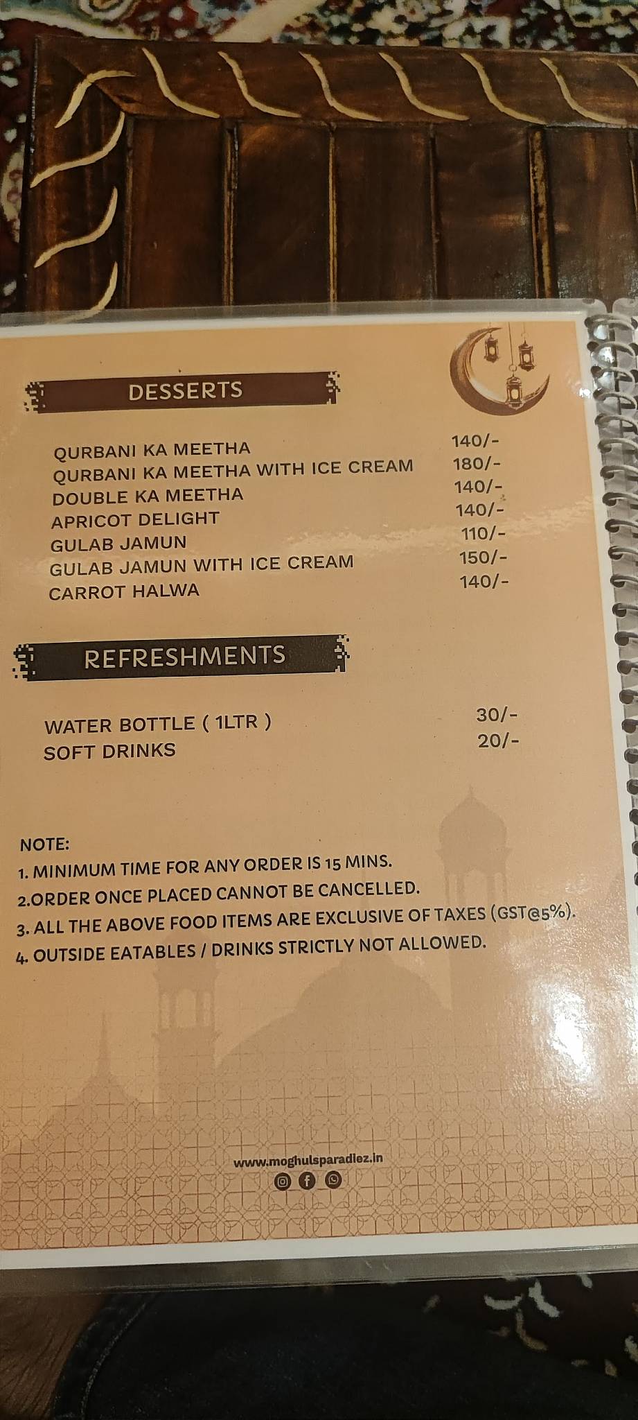 Moghuls Paradiez Restaurant menu