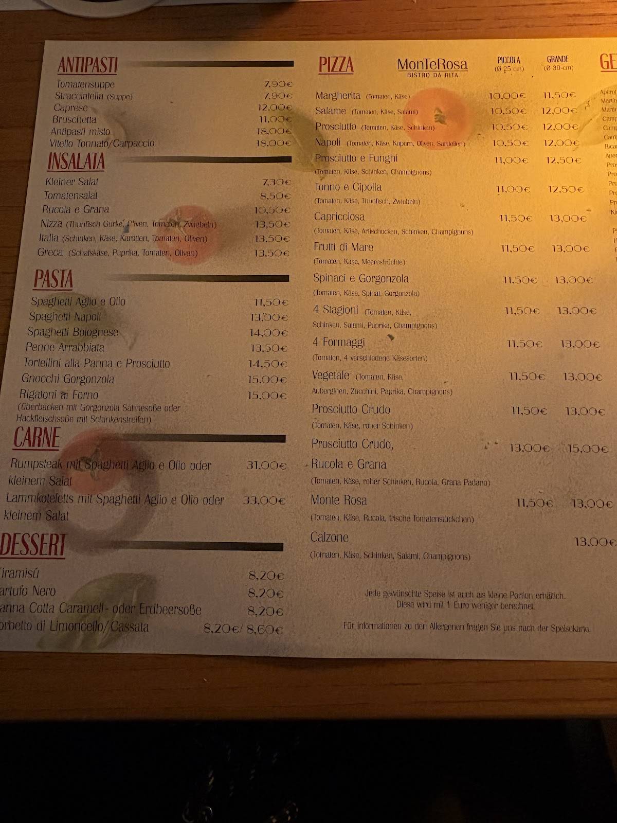 Menu de Monte Rosa - Bistro da Rita