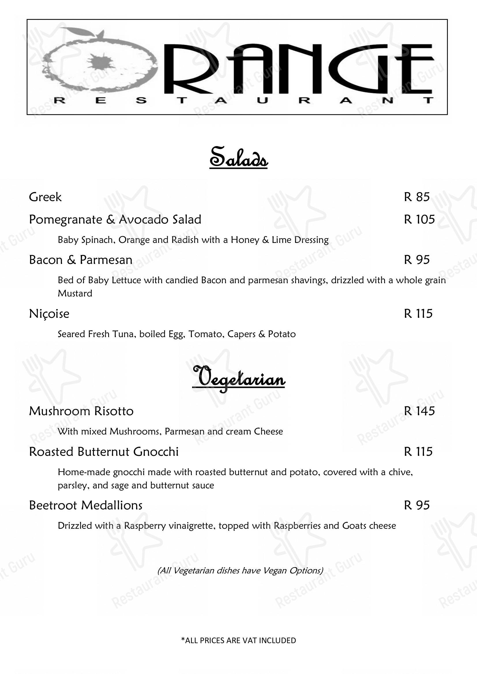 Menu at Orange Restaurant, Nelspruit