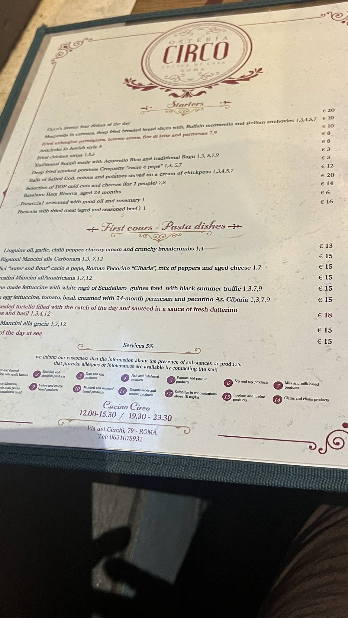 Menu di Osteria Circo 