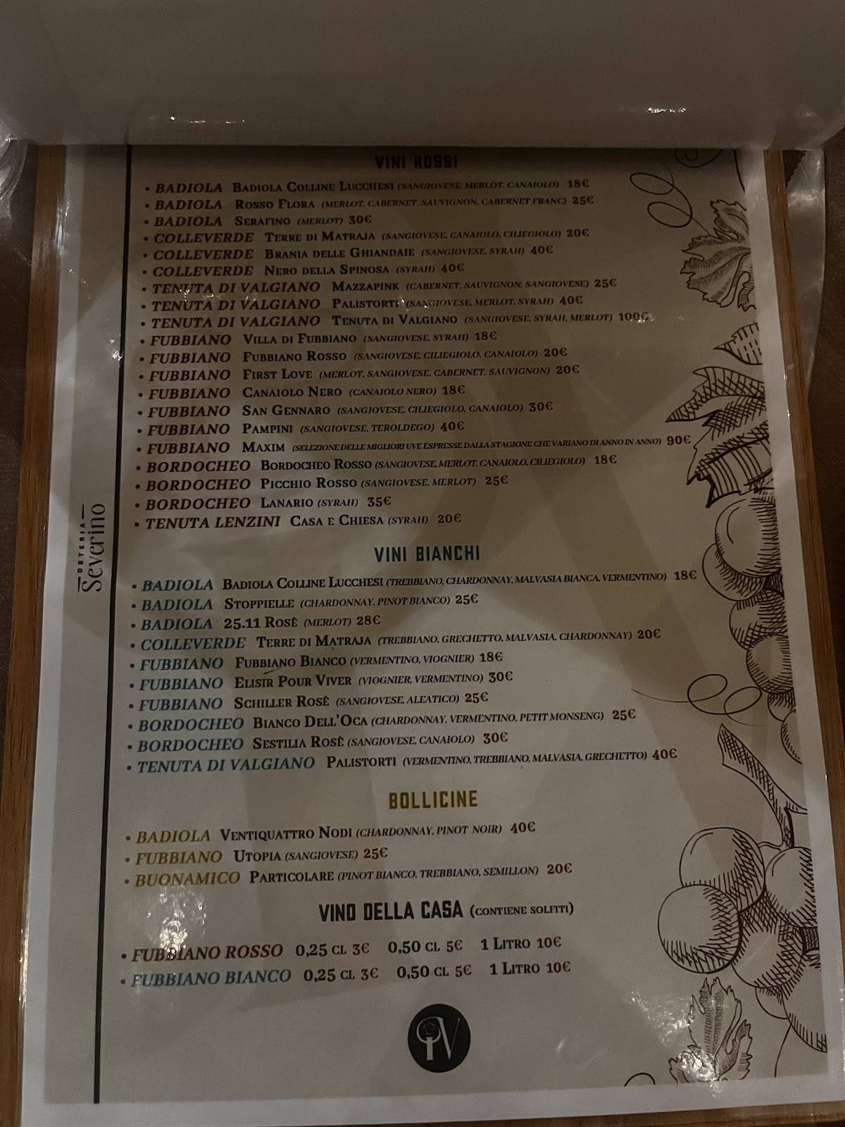 Menu di Osteria Severino 