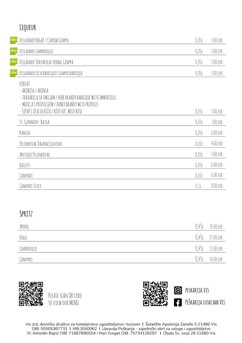 Menu di Peškarija Sushi Bar 