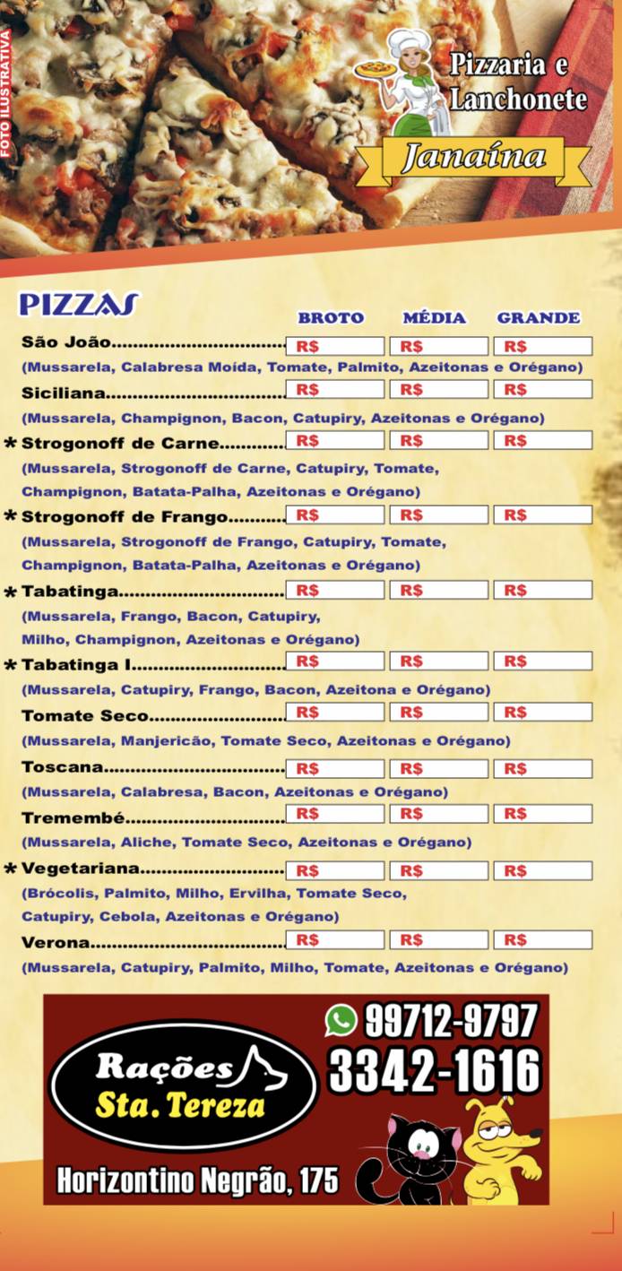Pizzaria Janaína - Ibitinga cardápio