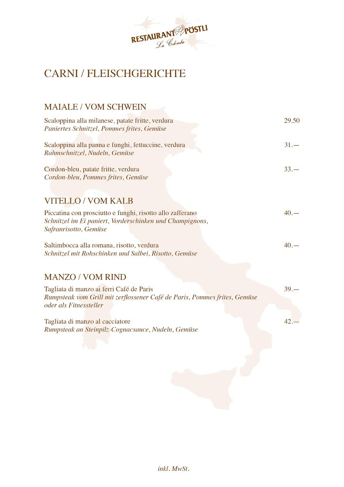 Menu di Restaurant Pöstli 