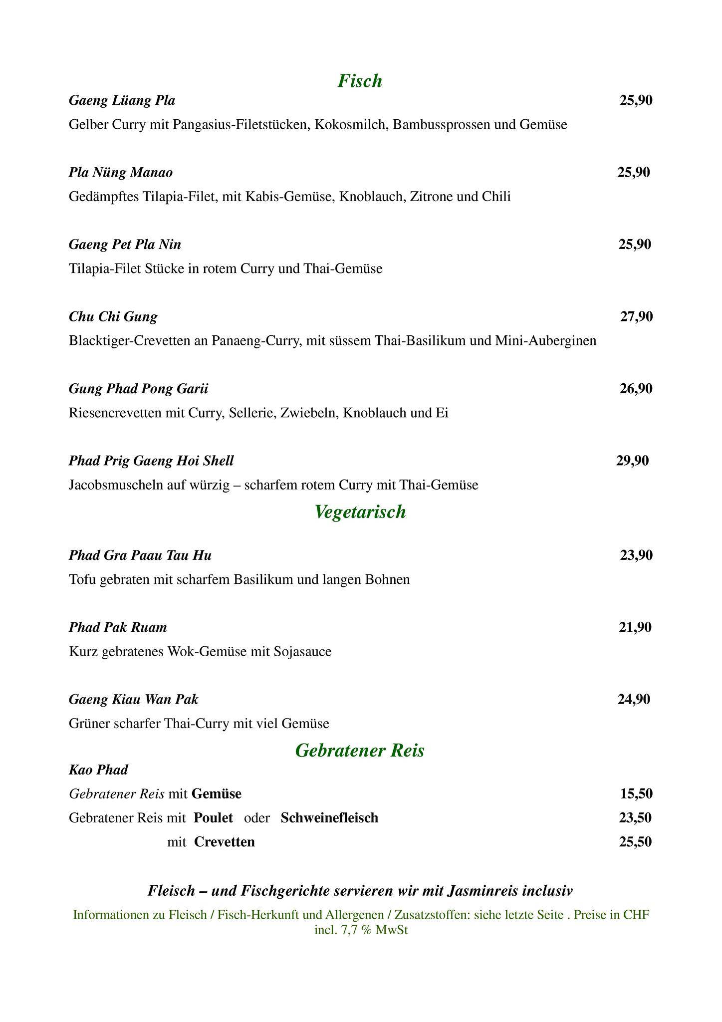 Menu di Restaurant Angehrn Siris Thaifood 