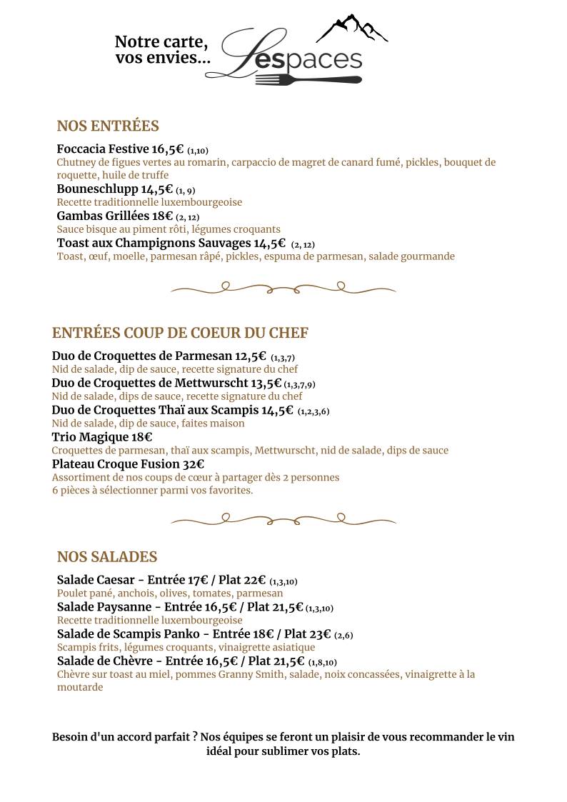 Menu de Restaurant Les Espaces