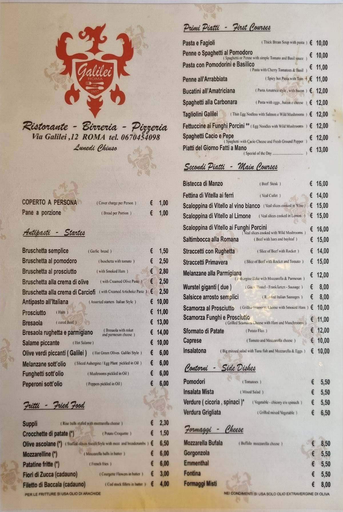 Menu di Ristorante Pizzeria Galilei 