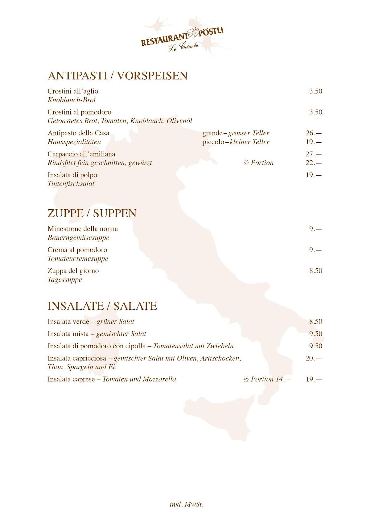 Menu di Restaurant Pöstli 