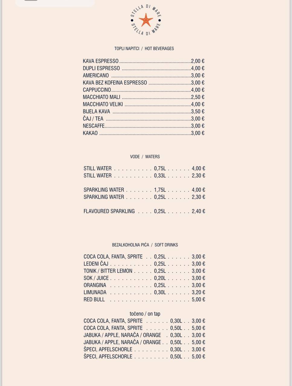 Menu di Restaurant Stella Di Mare 