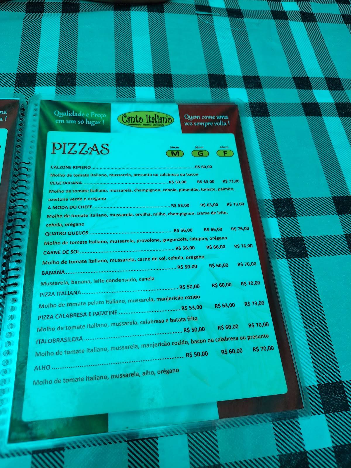 Restaurante Canto Italiano cardápio