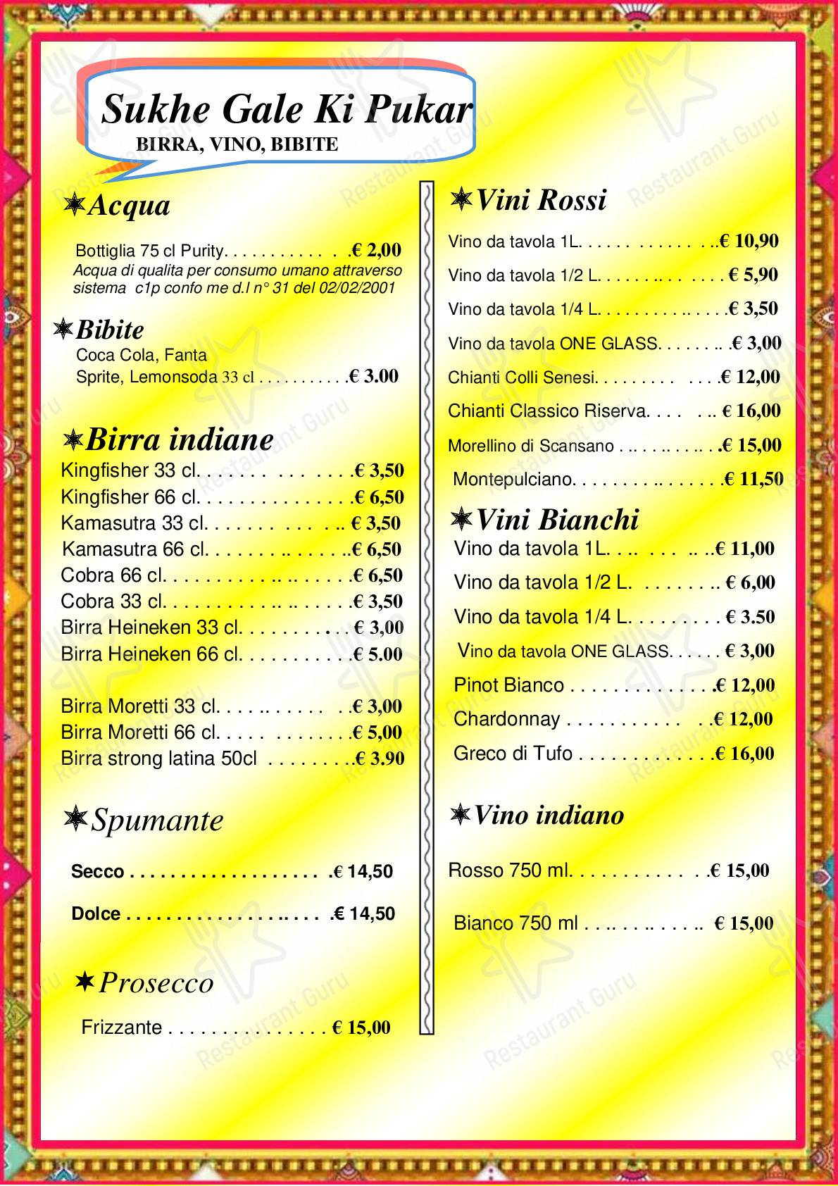 Menu di INDIA - pasti e bevande
