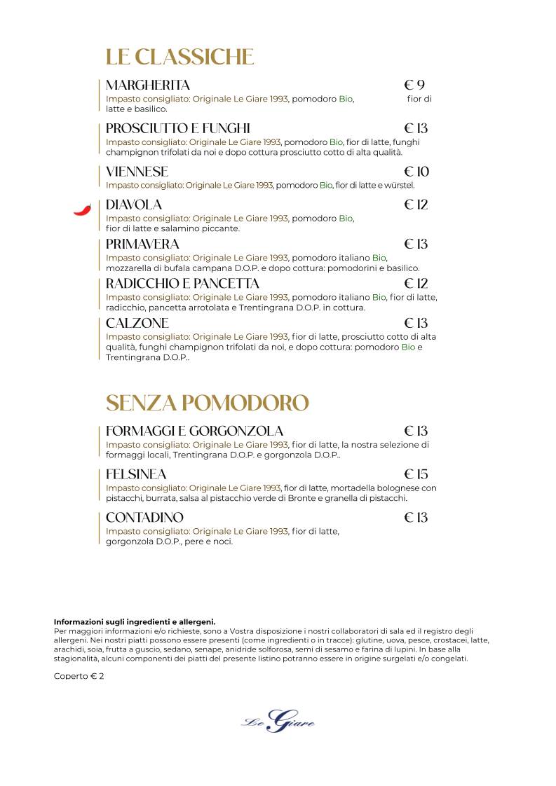 Menu de Ristorante Pizzeria Le Giare