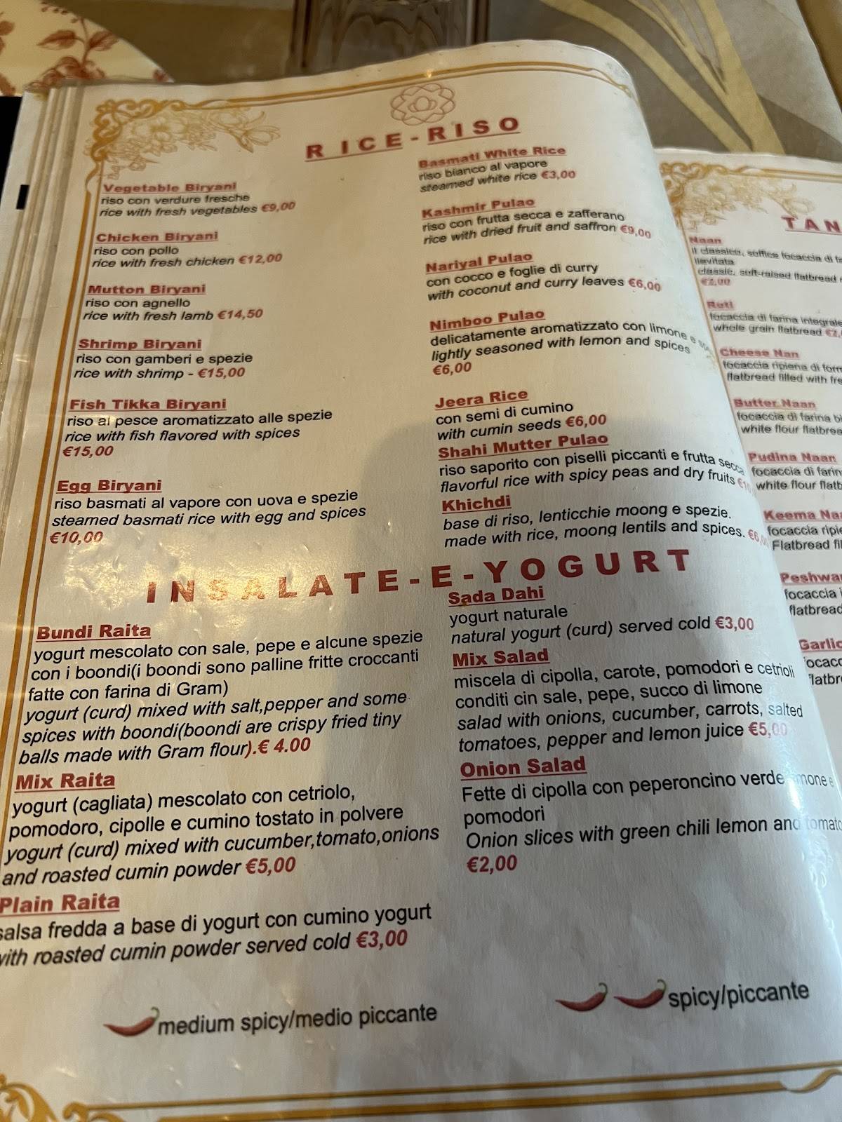 Menu di Royal India Ristorante indiano a Firenze 