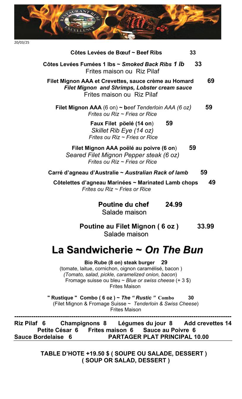 Menu de Restaurant Rube