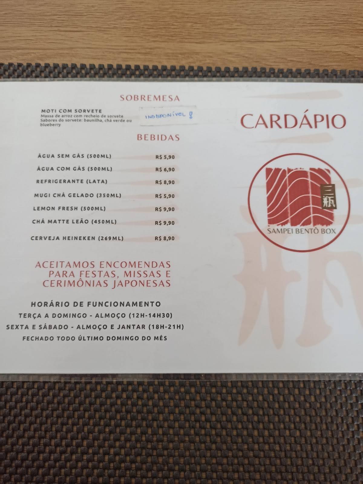 Sampei Bentô Box cardápio