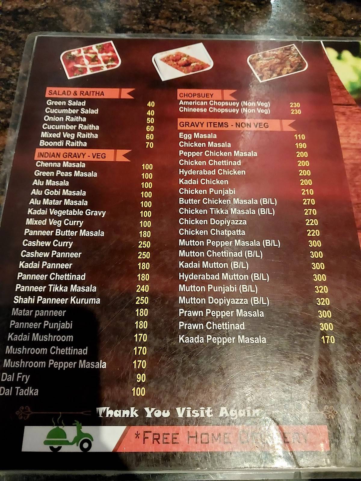 Sri Ramana's Restaurant and party hall A/C menu