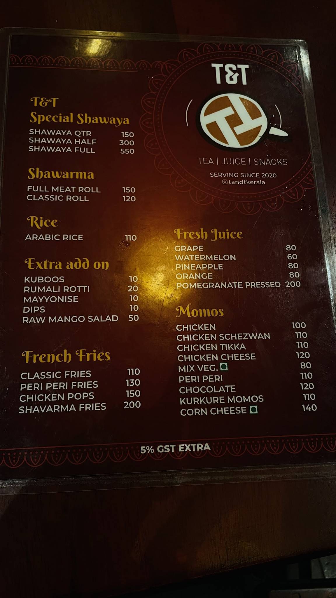 T&T CALICUT menu