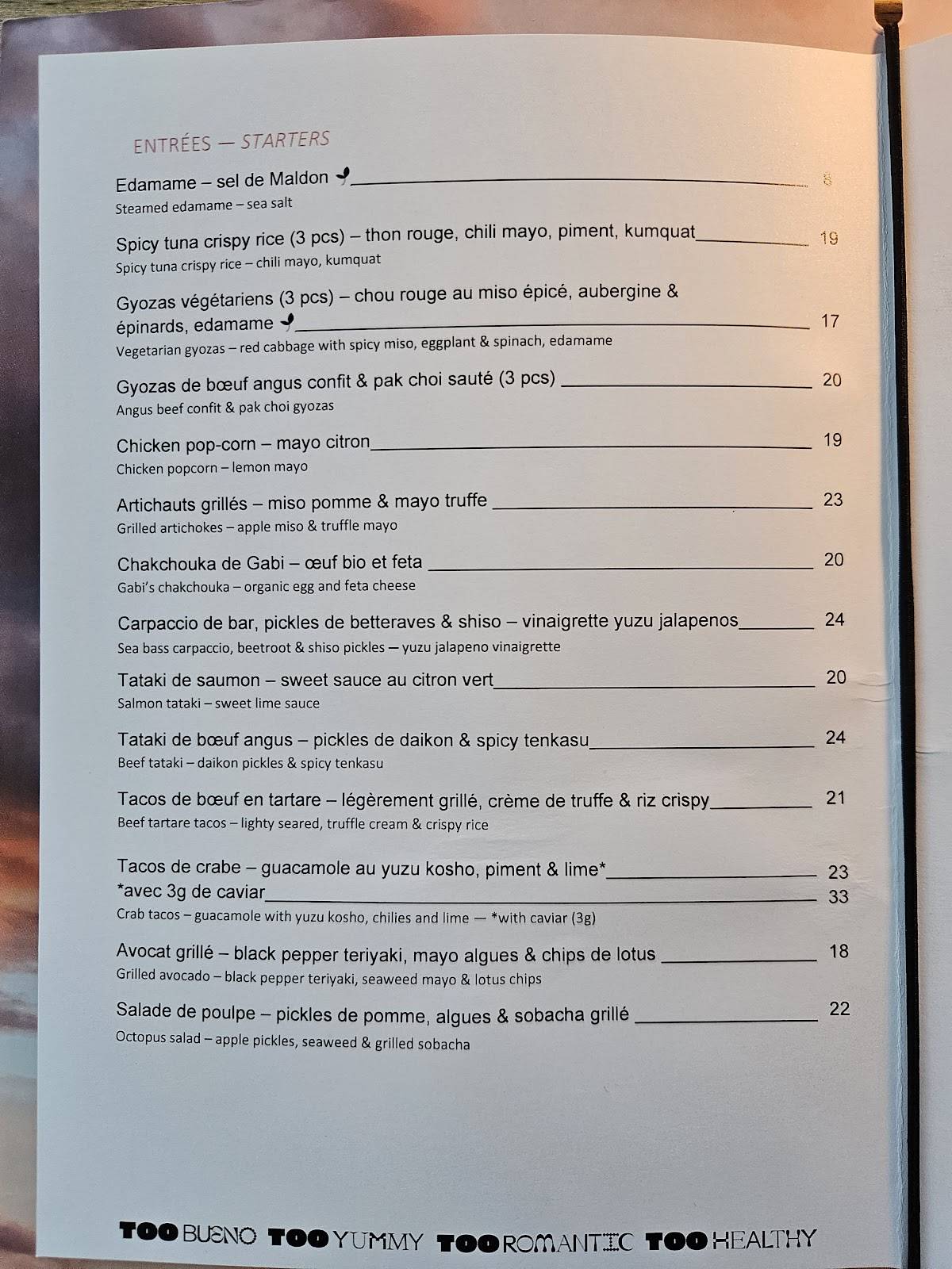 Menu de TOO Restaurant