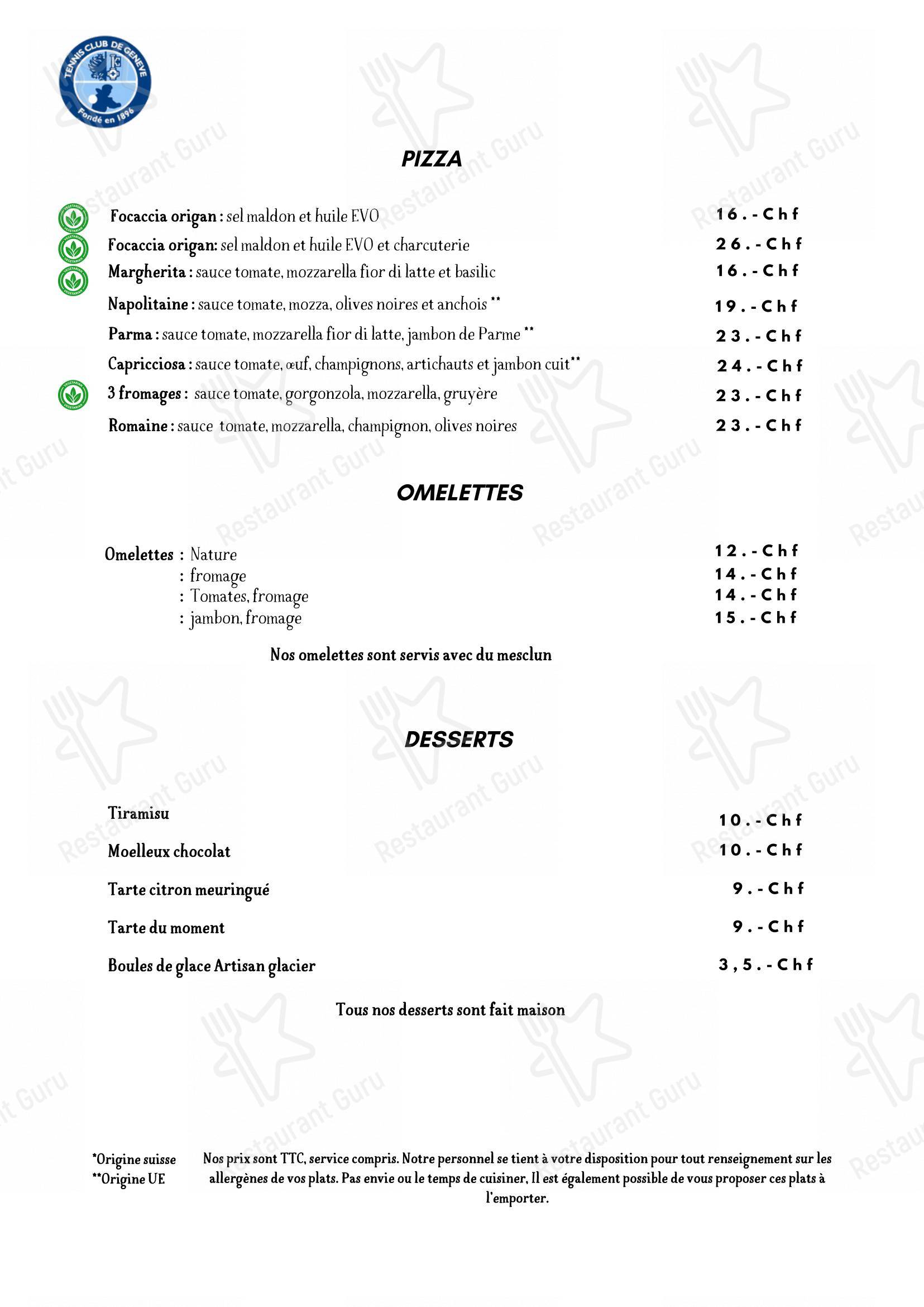 Menu di Restaurant Tennis Club de Champel - Menu bar