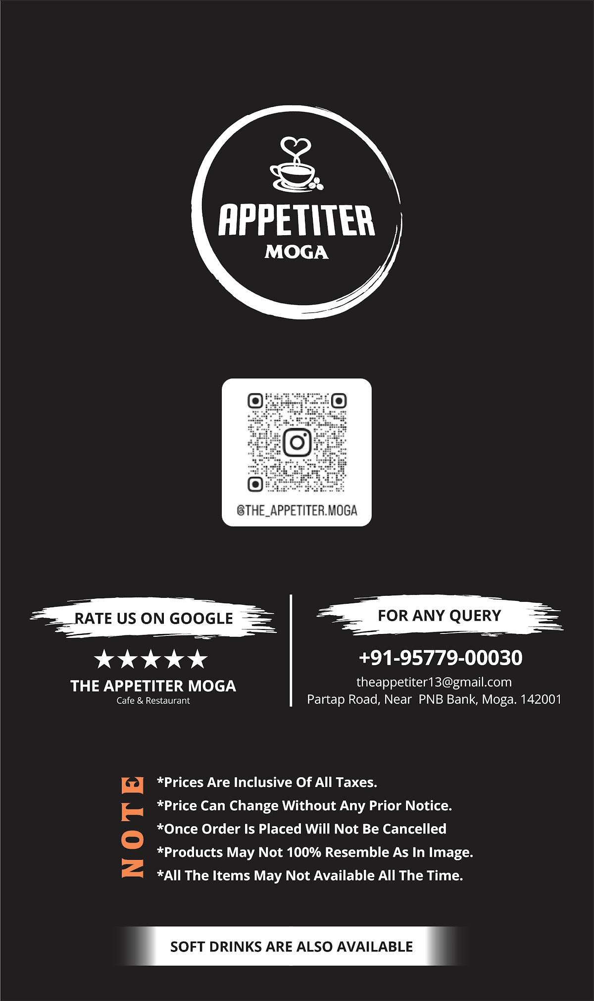The Appetiter Best Restaurant In Moga/Veg And Non Veg Restaurant In Moga/Coffee Shop In Moga/Fast Food Restaurant In Moga menu