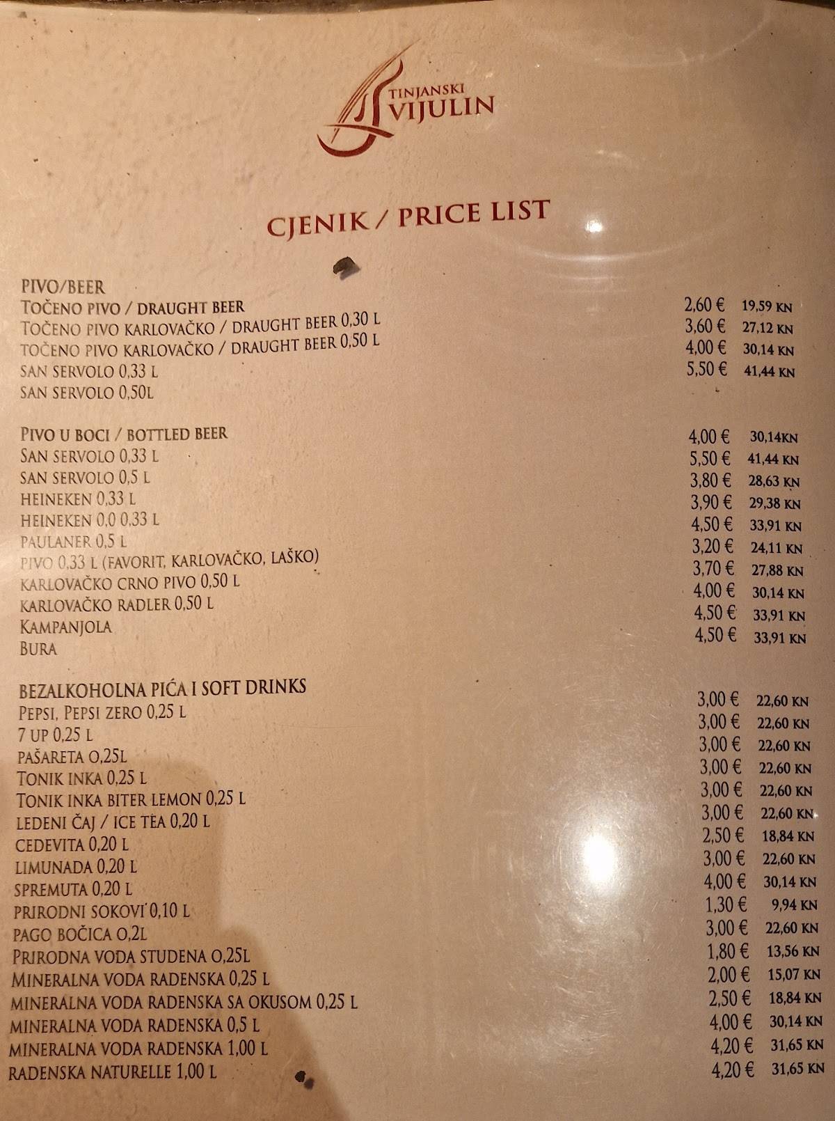 Menu di Tinjanski Vijulin Restaurant Pizzeria 