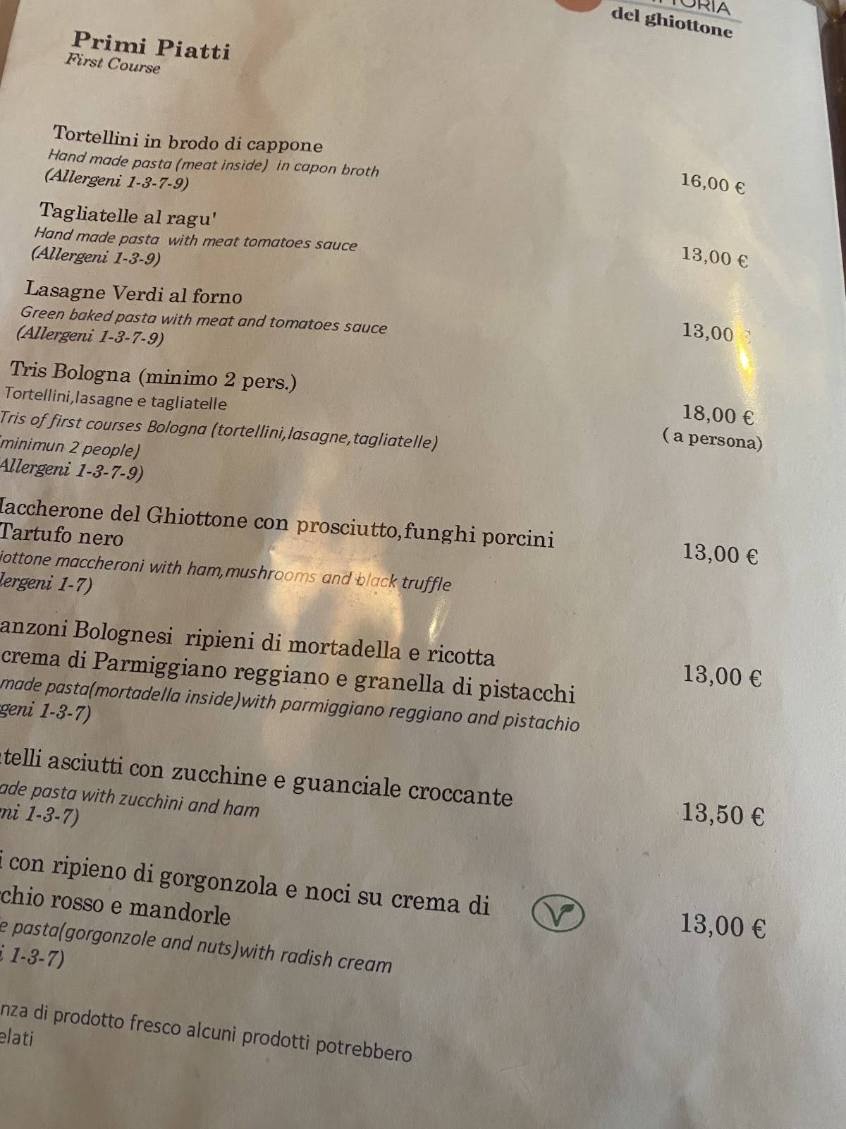 Menu di Trattoria Del Ghiottone 