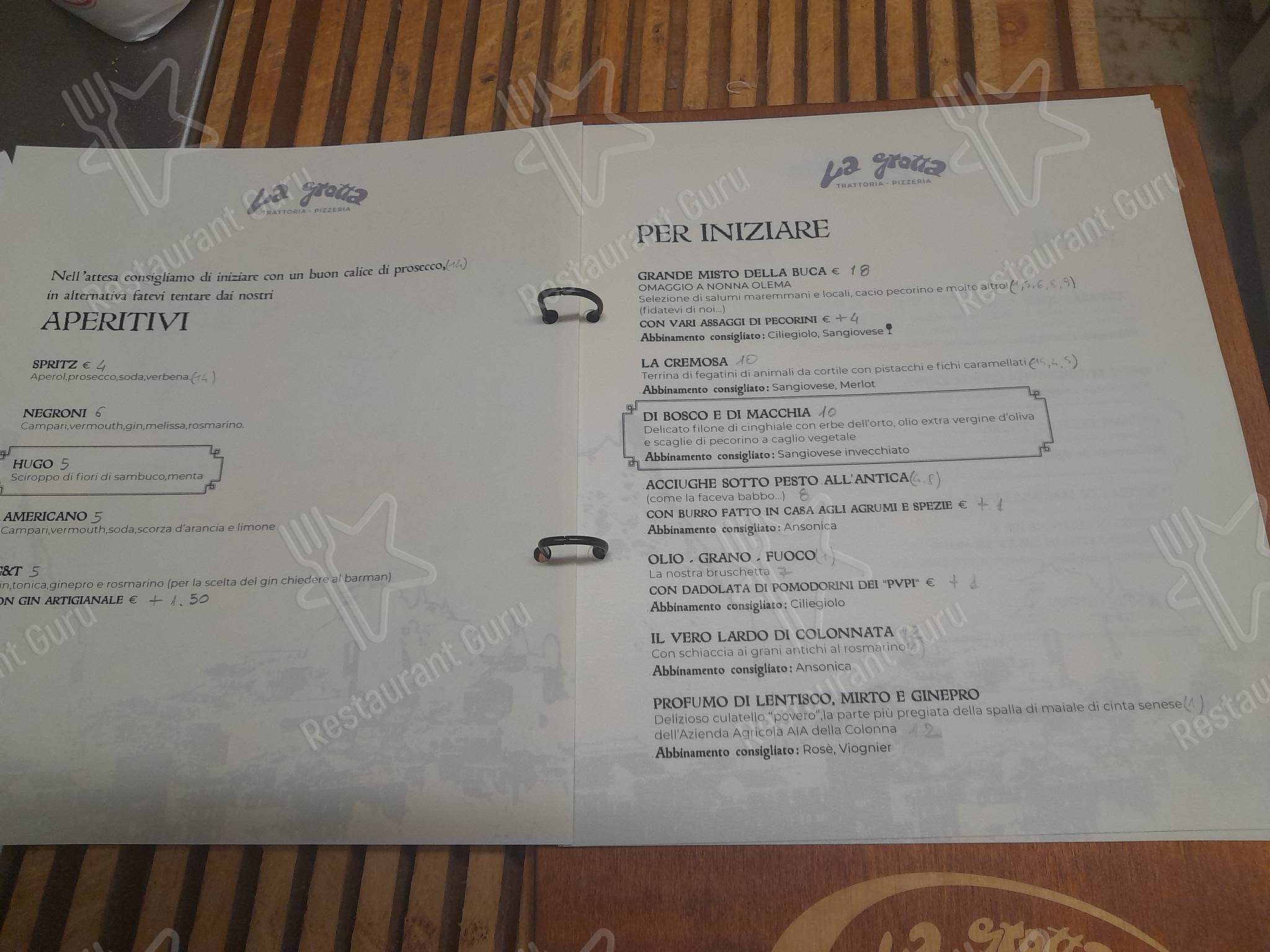 Menu pour Trattoria Pizzeria La Grotta Di Lorenzoni Lucia - repas et boissons