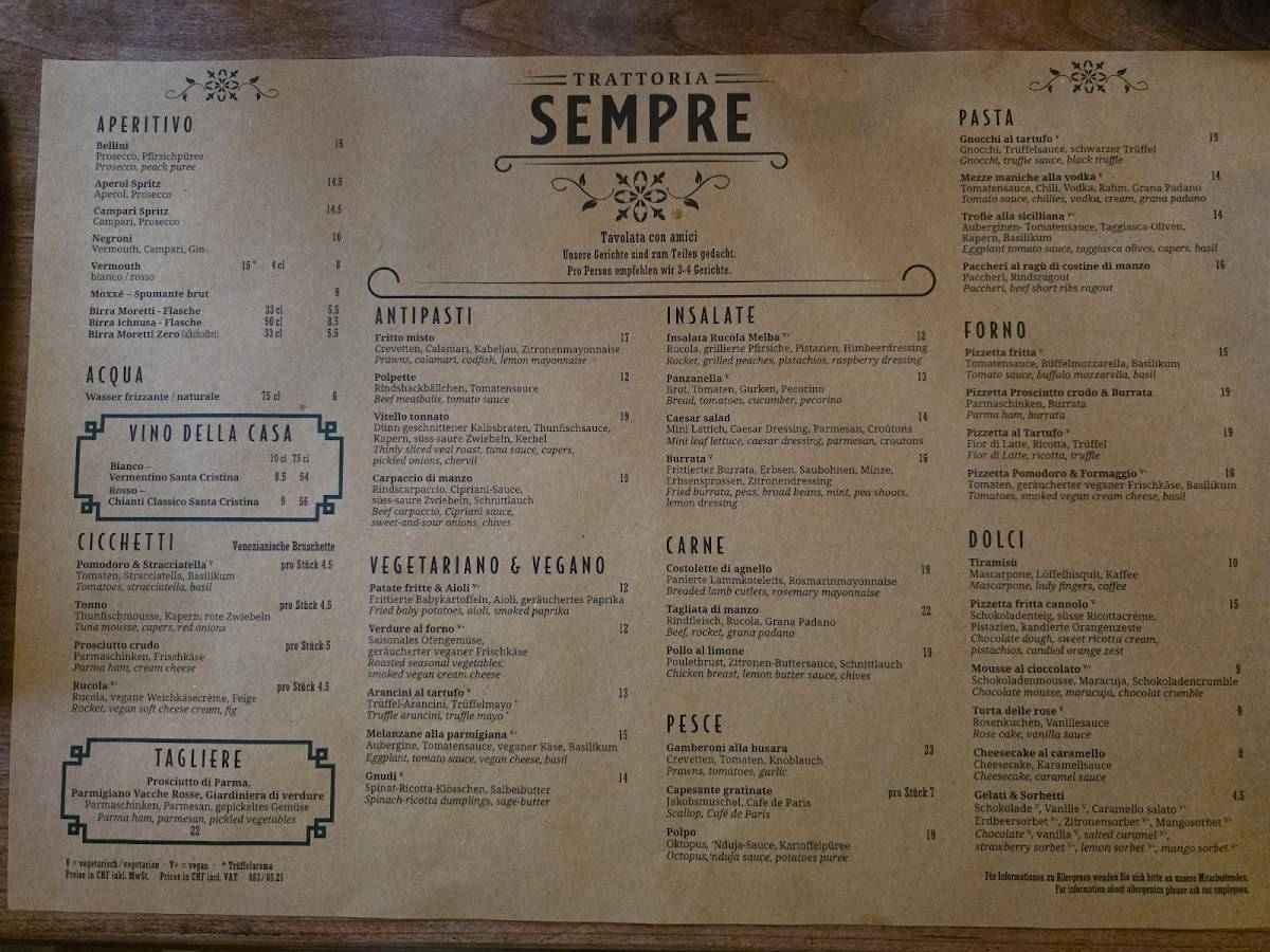 Menu di Trattoria Sempre Zürich 