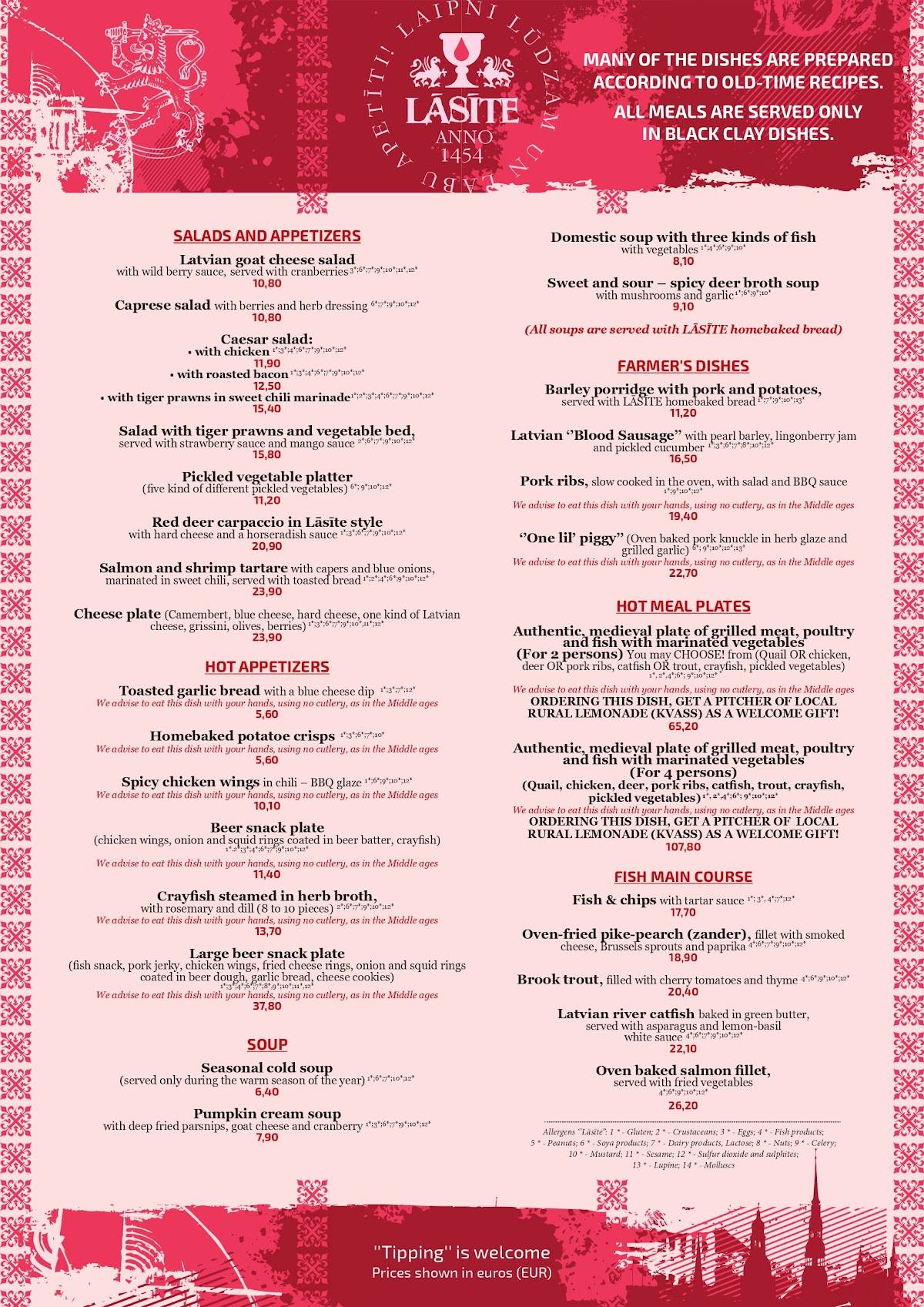 Viduslaiku restorāns LĀSĪTE menu