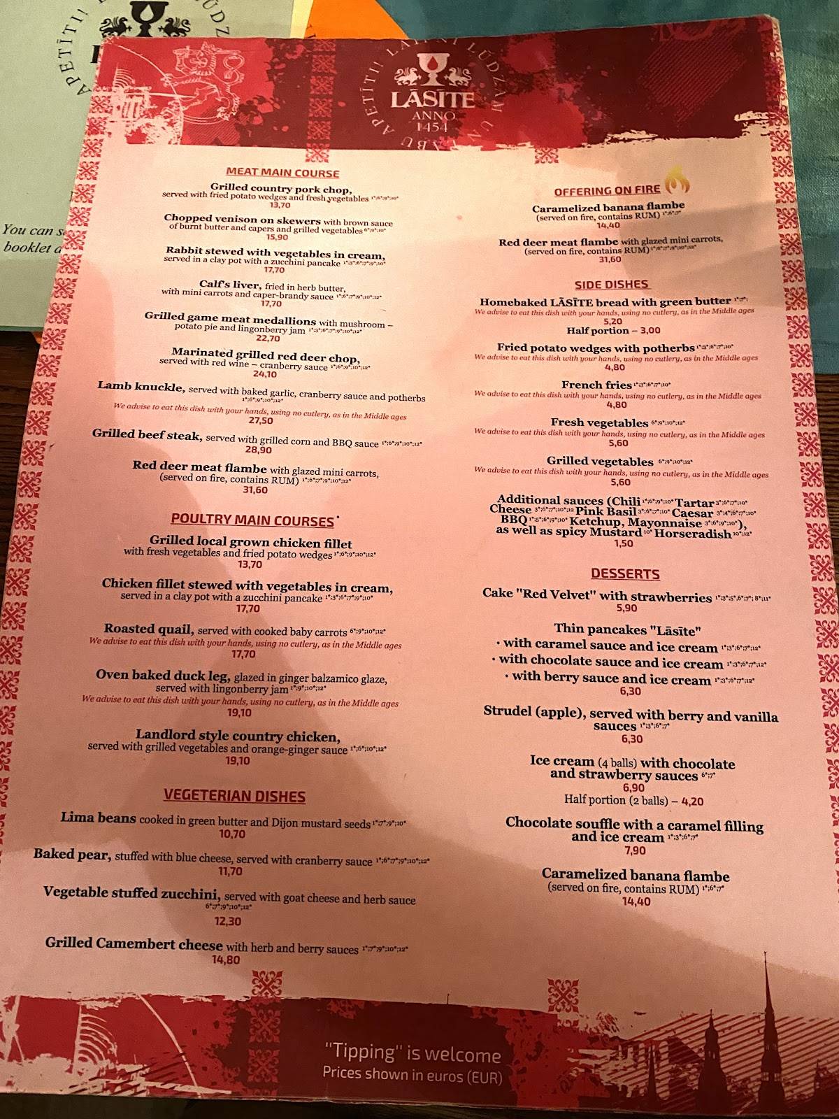 Viduslaiku restorāns LĀSĪTE menu