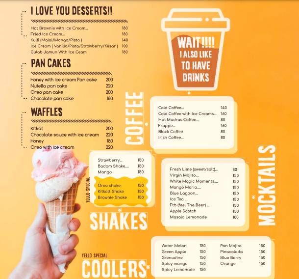 Yello - Cafe. Best Cafe for Couple, Coffee, Breakfast, Sandwiches, Special Occasion, Kitty Party, Birthday Celebration. menu