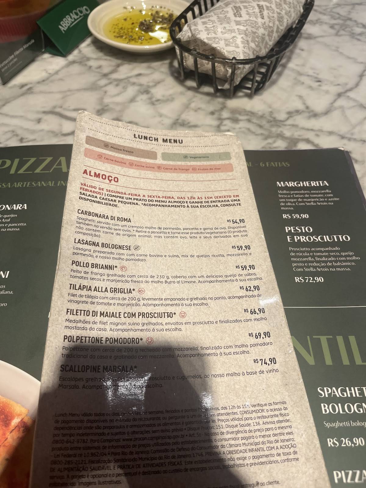 Restaurante Abbraccio cardápio