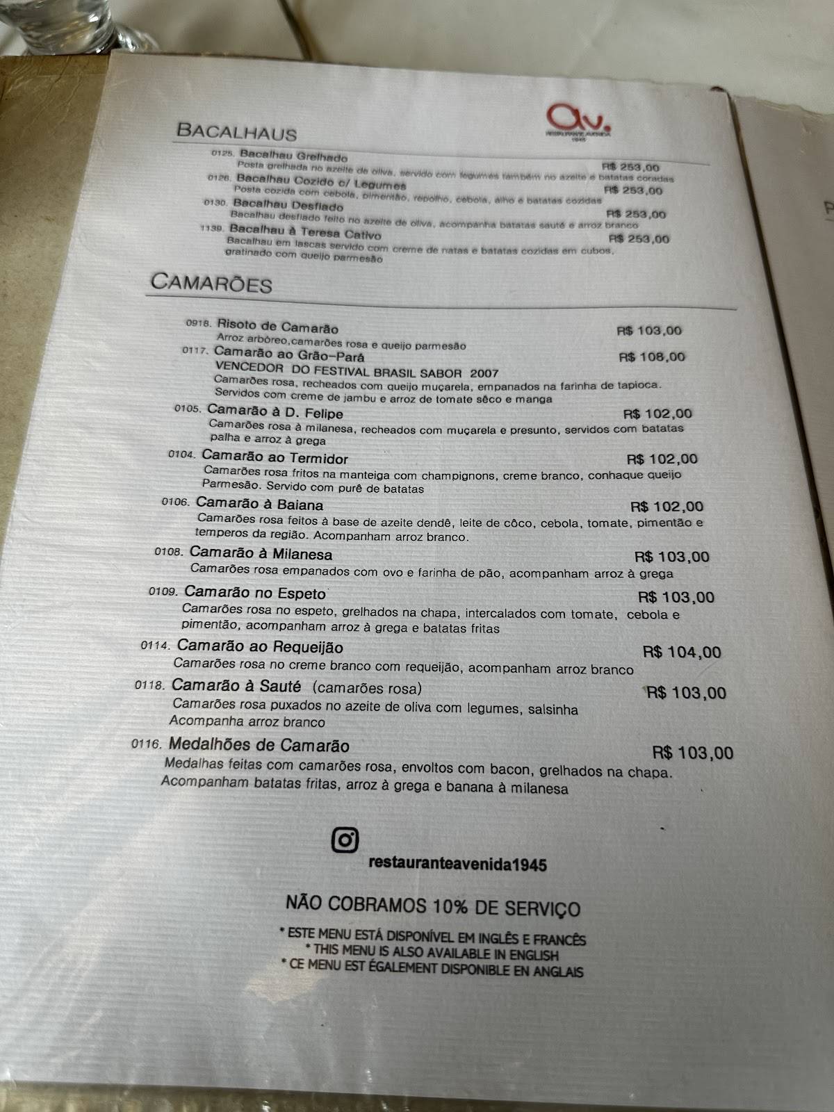 Restaurante Avenida cardápio