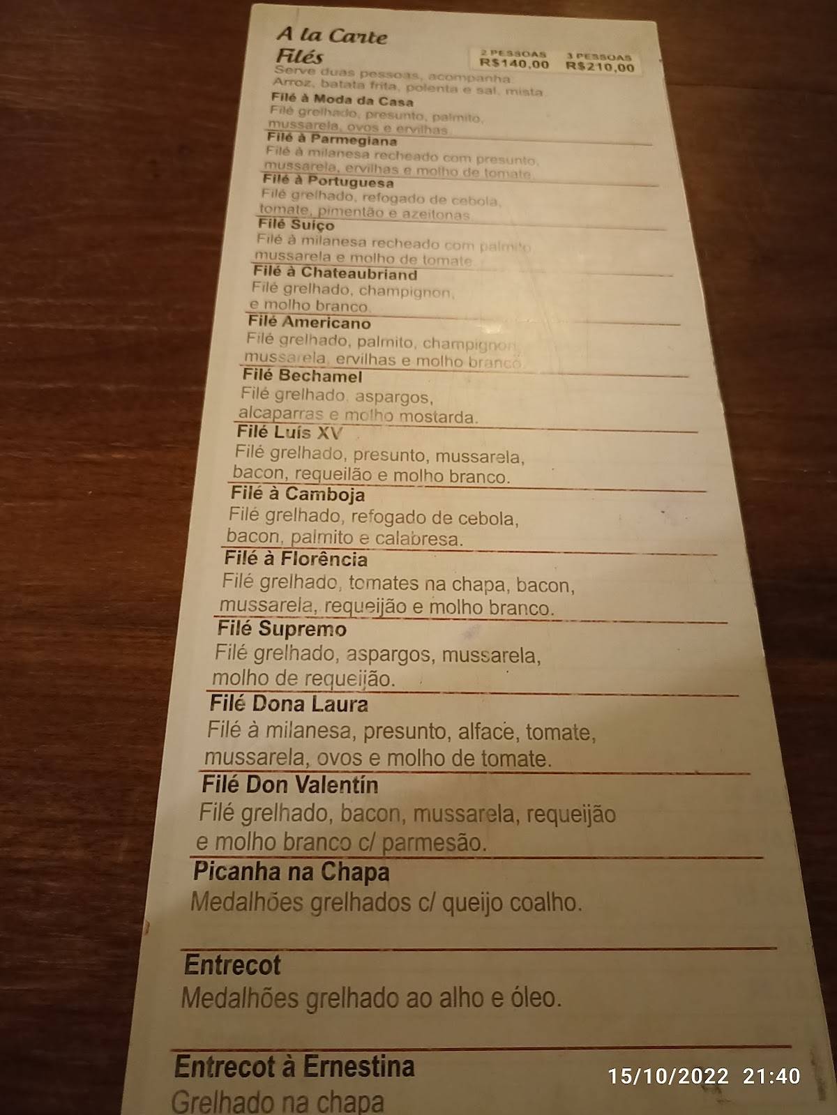 Restaurante Casa do Morro cardápio