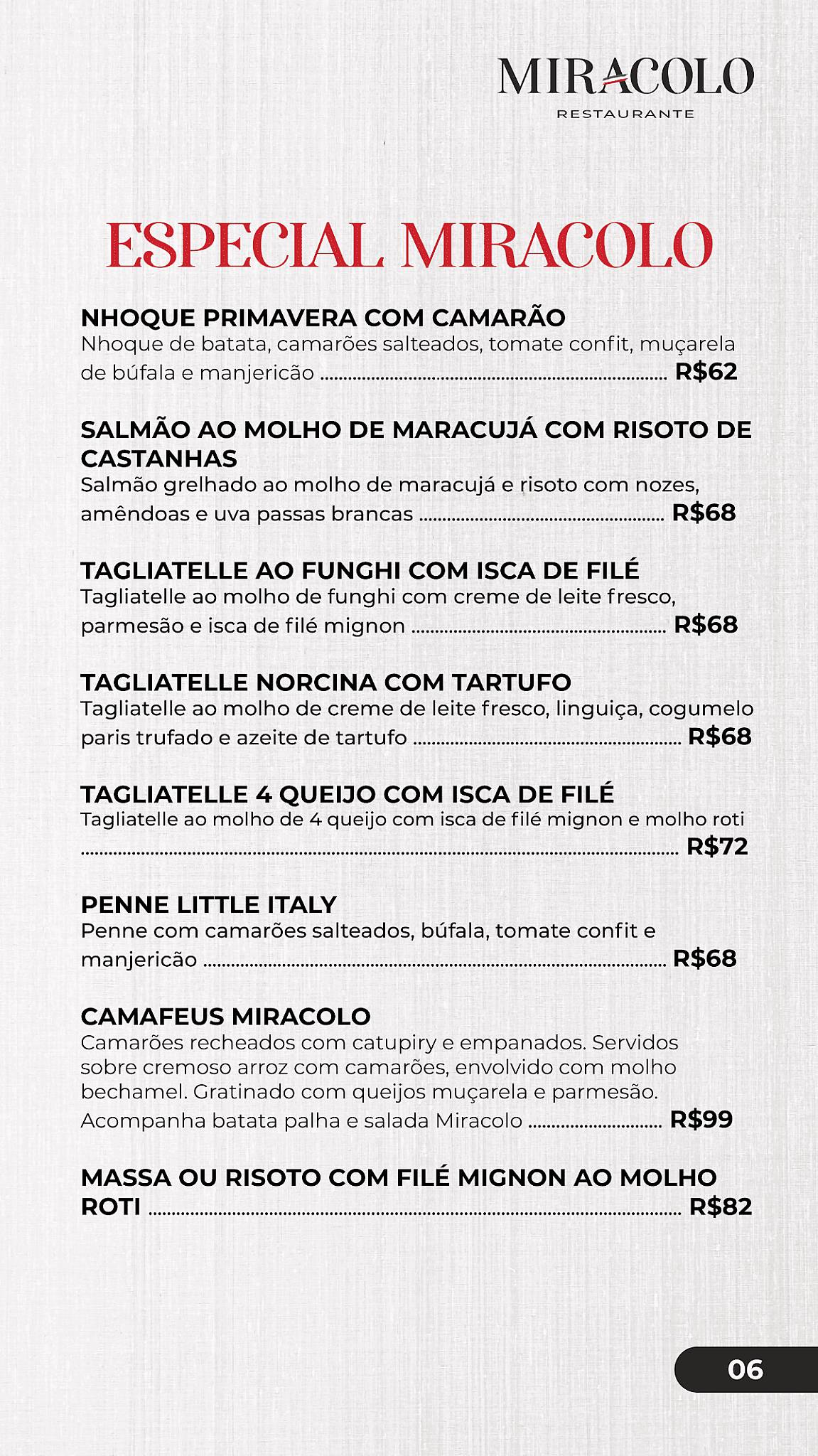 Restaurante Miracolo cardápio