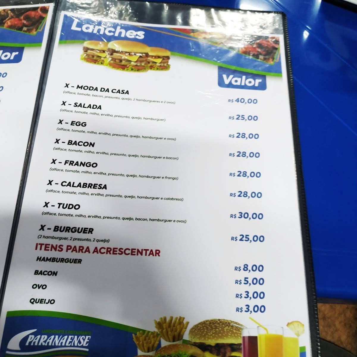 PARANAENSE RESTAURANTE E EVENTOS LTDA cardápio