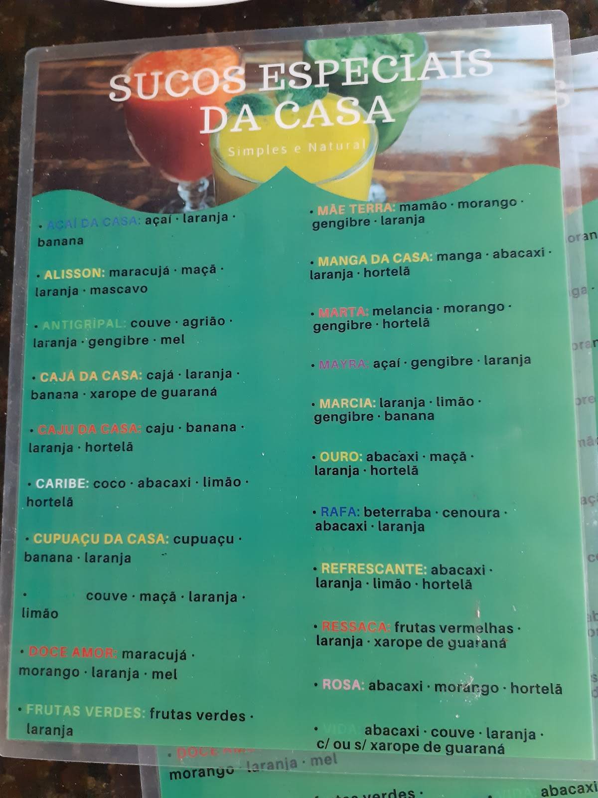 Restaurante Simples e Natural cardápio