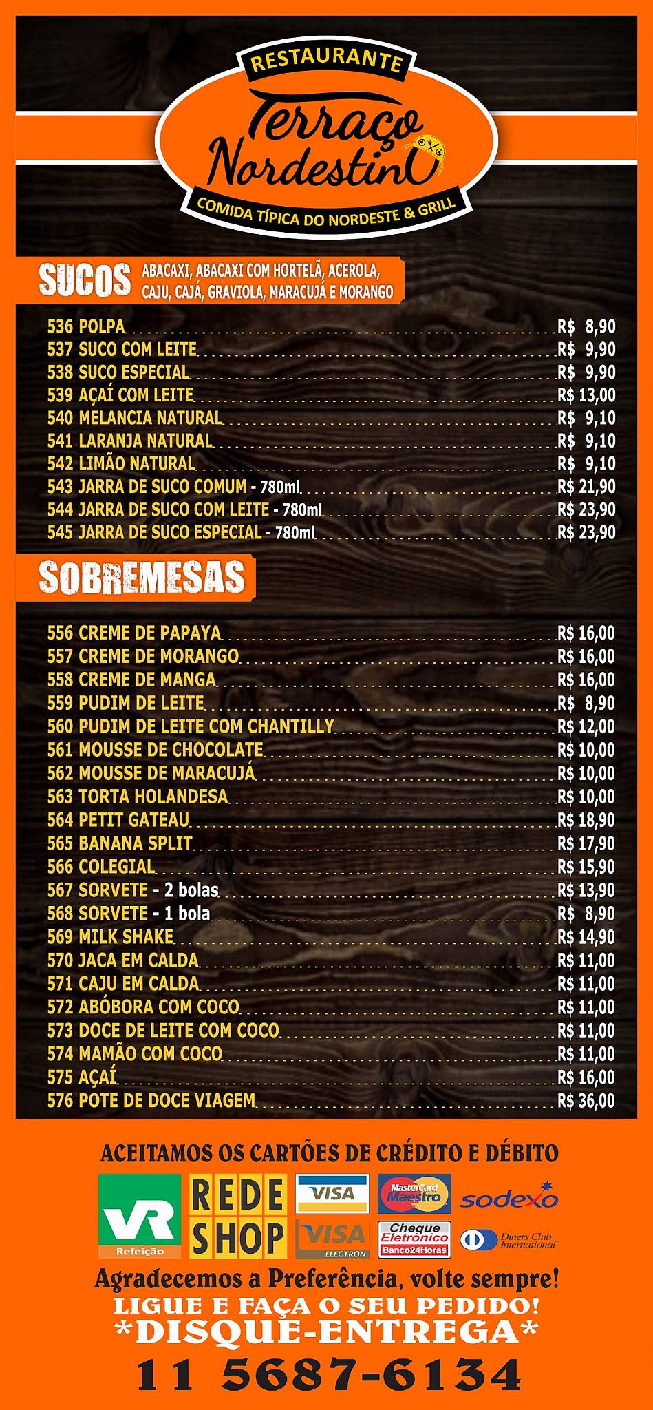 Menu em Restaurante Terraço Nordestino São Paulo